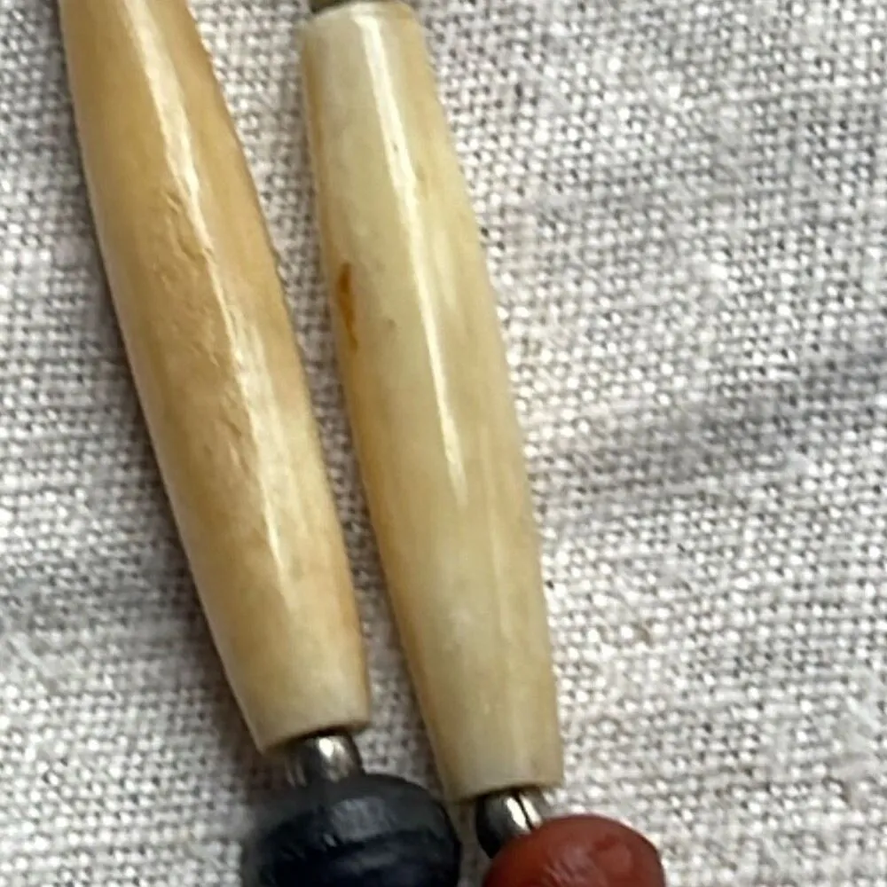 Vintage Tribal double strand necklace real stone carved bone metal beads Silver - Image 2