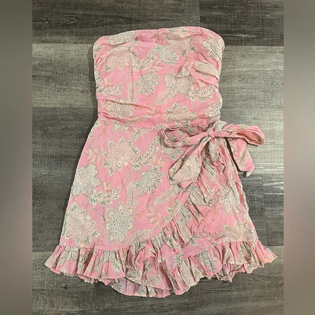 Olivaceous  pink paisley ruffle strapless romper - Image 3