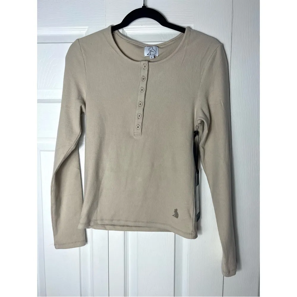 Kuwalla Cafe Latte Beige Ribbed Knit Henley Long Sleeve Top Stretch L Tan Size L - Image 5