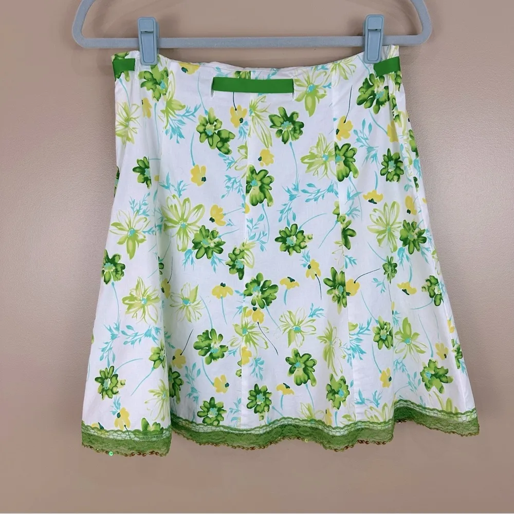 Y2K Body Central Green Yellow Floral Ribbon Tie Waist Sequin Lace Trim Skirt M - Image 6