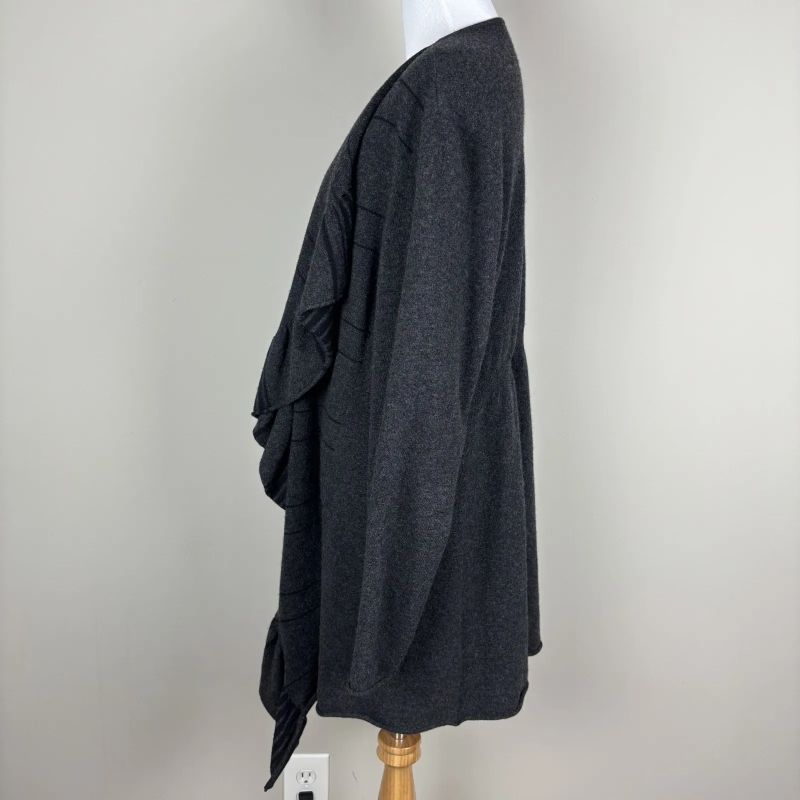 Eileen Fisher Cardigan Sweater Womens XL Grey Merino Wool Cashmere Open Ruffle - Image 6