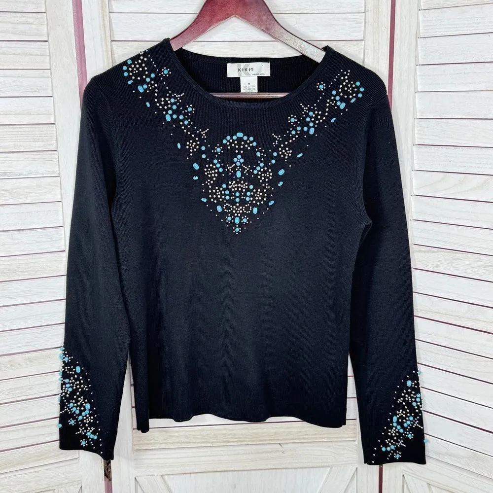 Kikit Turquoise Beaded Studs Sweater Black Medium Western Black - Image 7