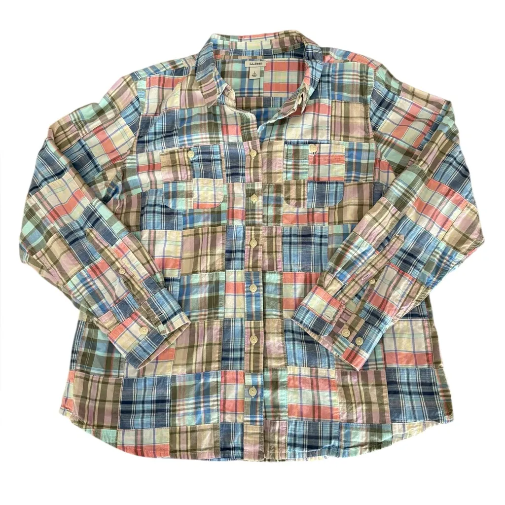 LL Bean Button Front Top Plaid Patchwork Long Sleeve Cotton Womens Large Petite Blue Size undefined - Image 6