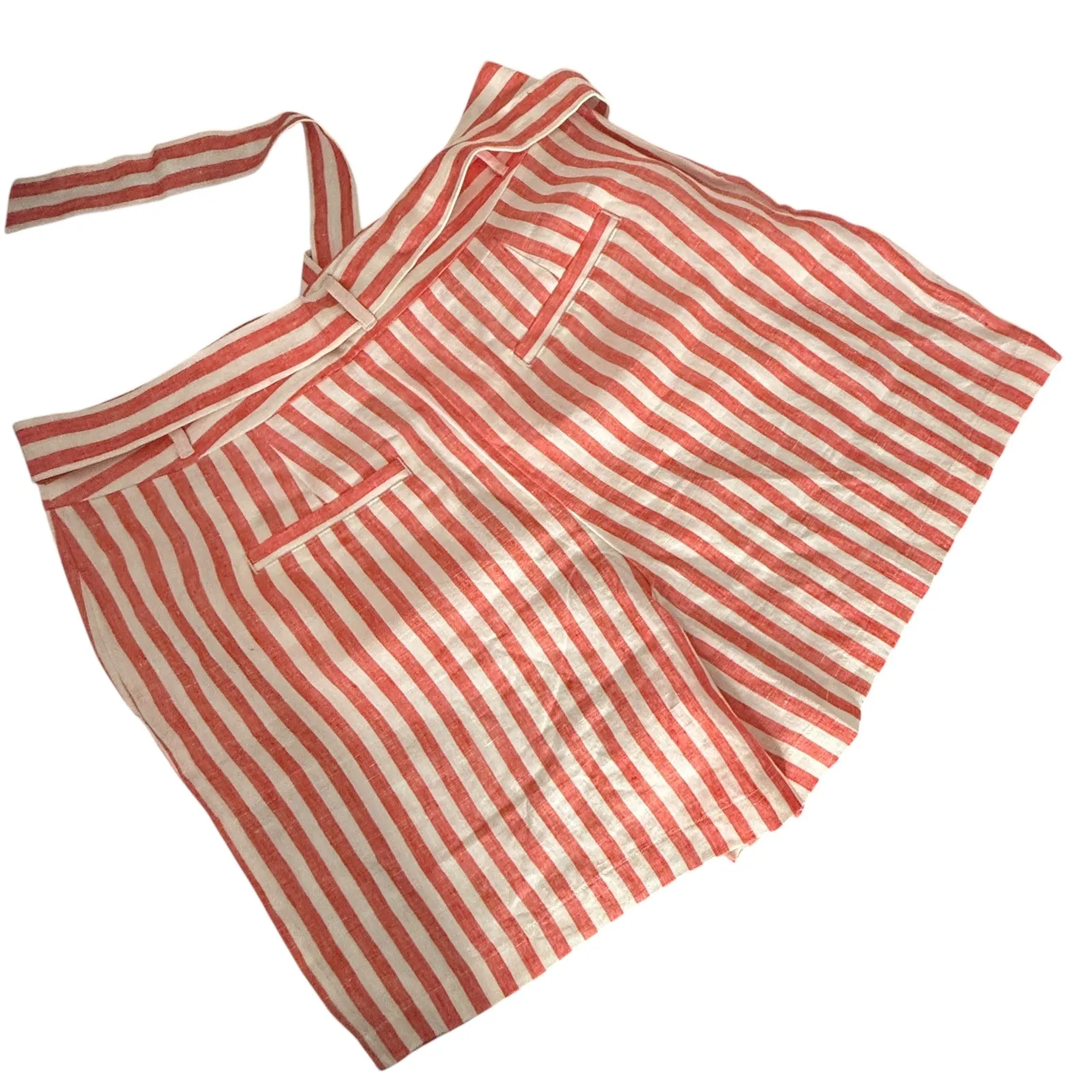 Boden High Waisted‎ Alma Belted Linen Paperbag Shorts Womens 12 Red Striped NEW - Image 7