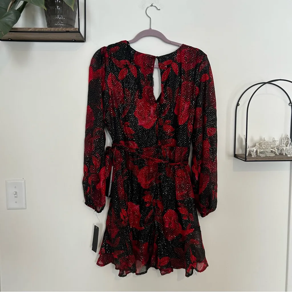 NWT City Studio Red & Black Rhinestone Sparkly V Neck Floral Dress Size 17 - Image 2