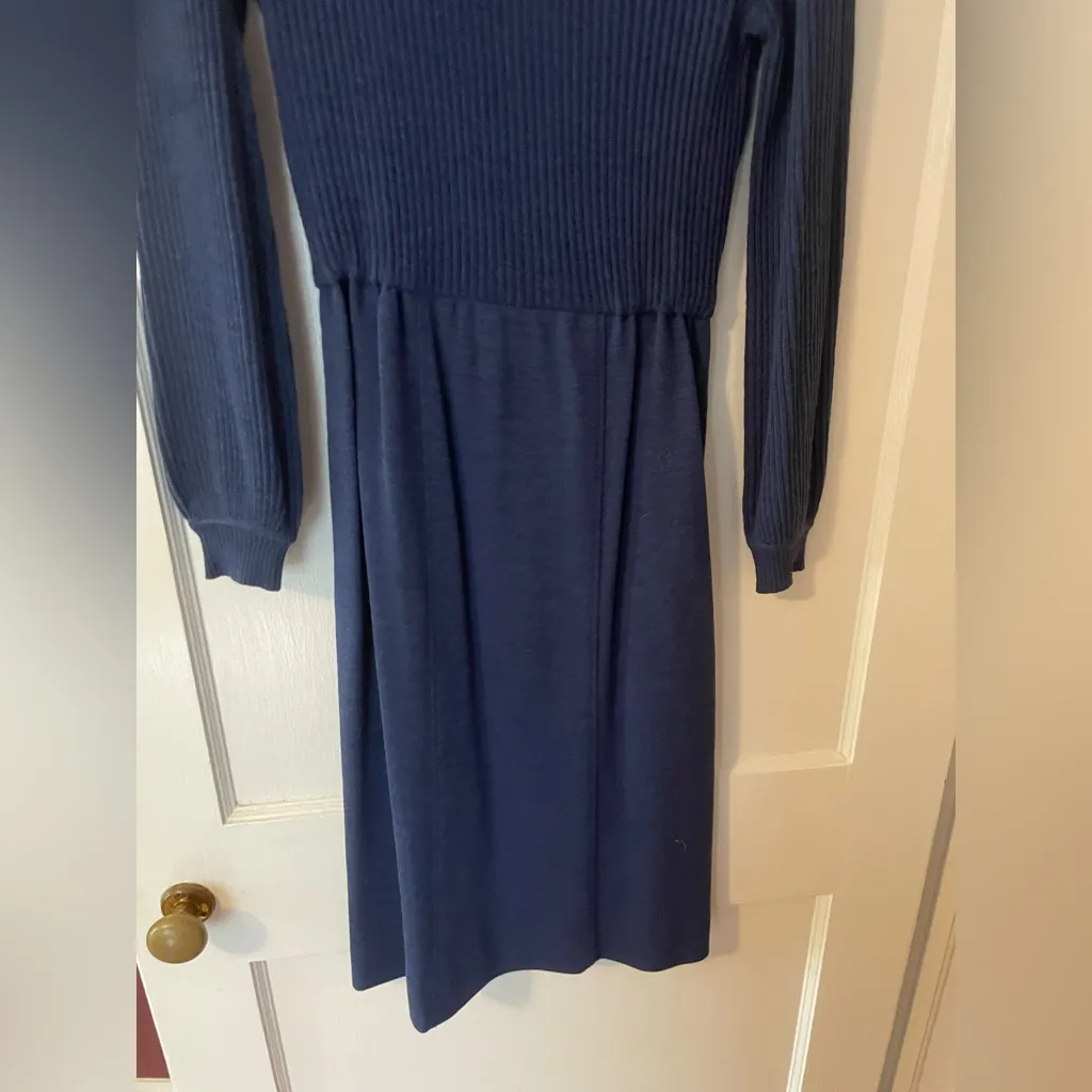 Vintage Ciao Solid Blue Dress Size 8 Pure Wool Longsleeved Lined - Image 3