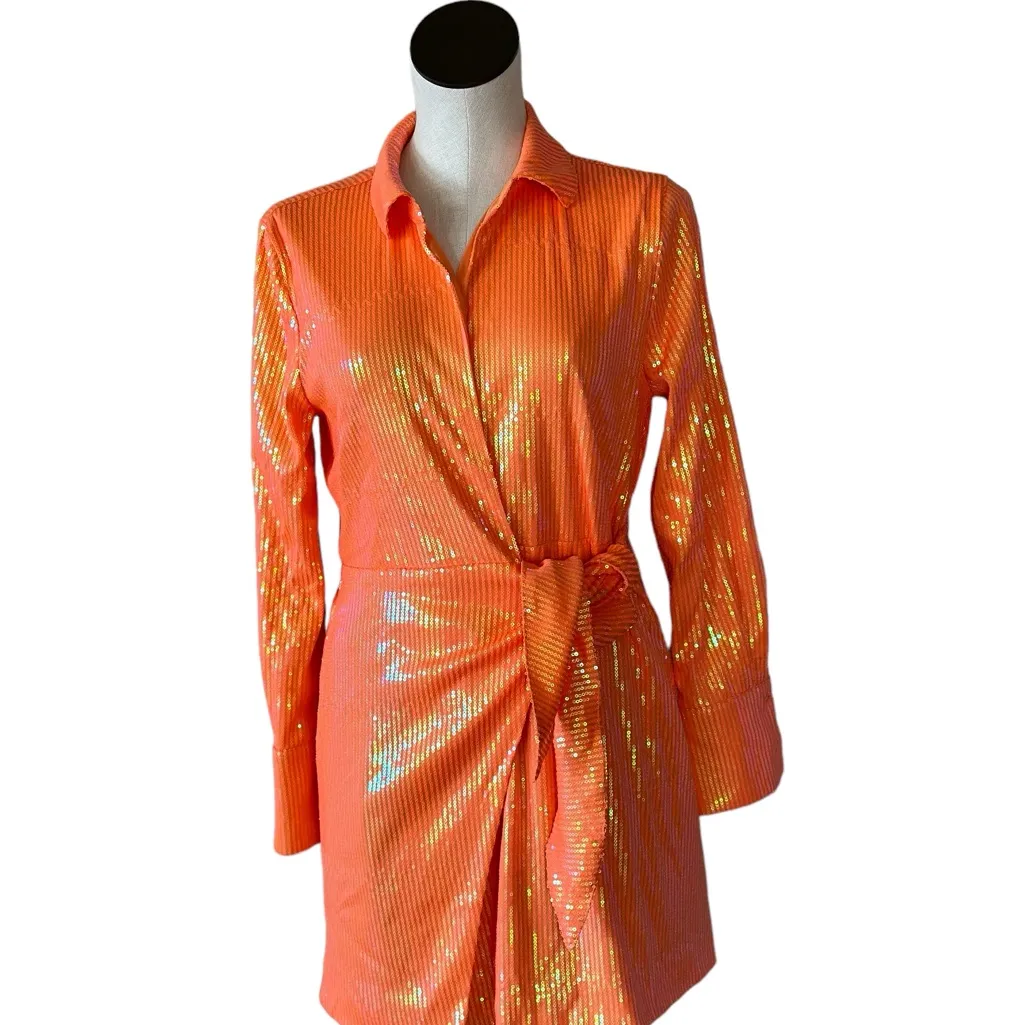 NWOT HOUSE OF HARLOW 1960 All Over Sequins Orange Wrap Shirt Blazer Dress Size XS - Image 4