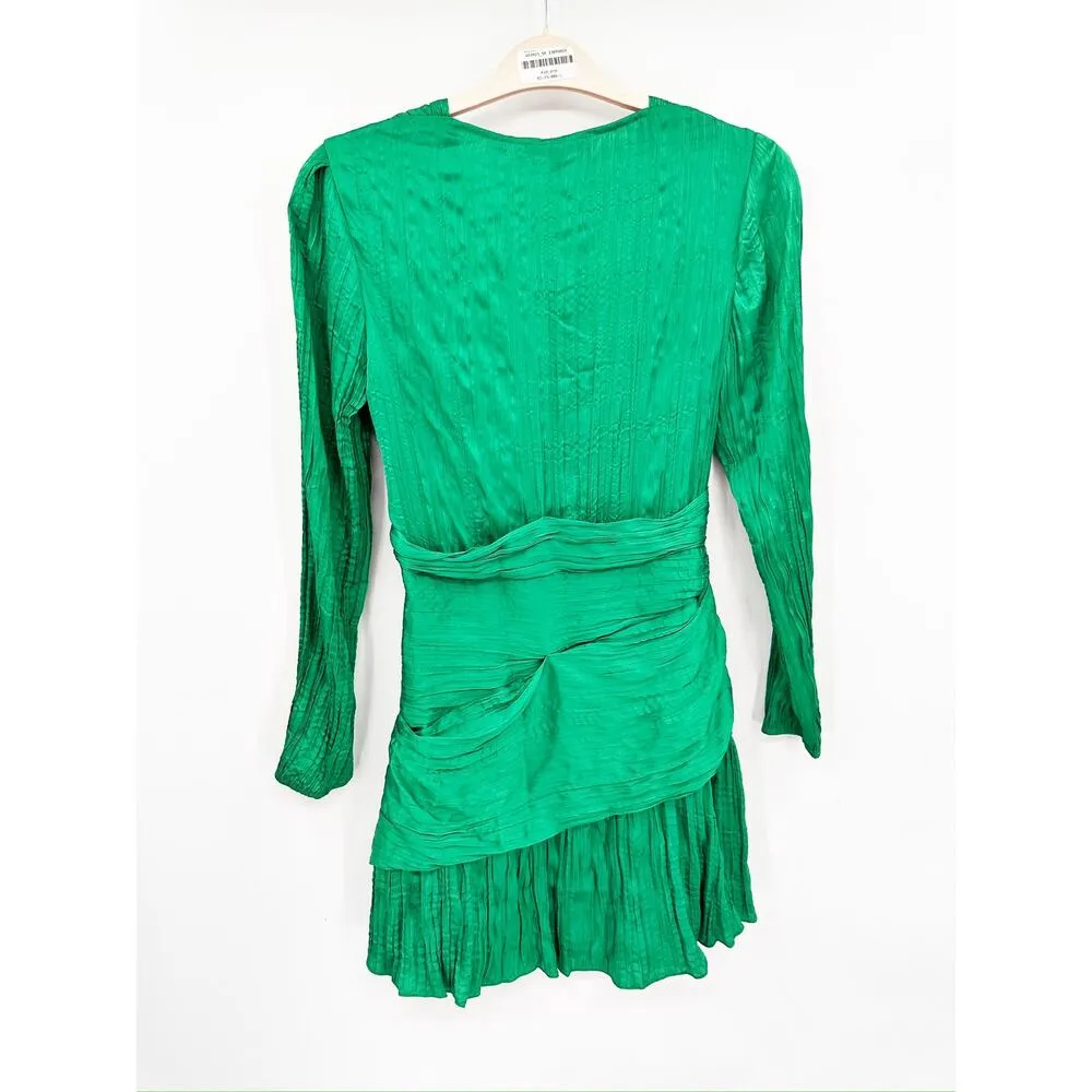 Maje Vert Green Runnylona Gathered Plunge V-Neck Long Sleeve Mini Dress NWT - Image 7