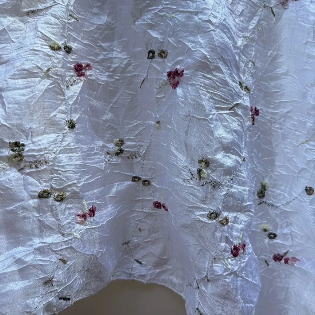 White Taffeta Embroidered Scarf 64"×24” Floral Gold & Red With Eyelash Fringe - Image 5