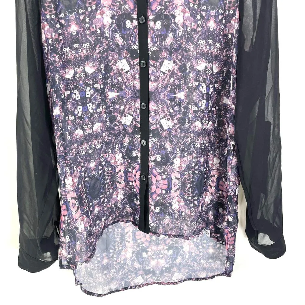 STUDIO Y Black Purple Sheer Geometric High Low Blouse - Image 11
