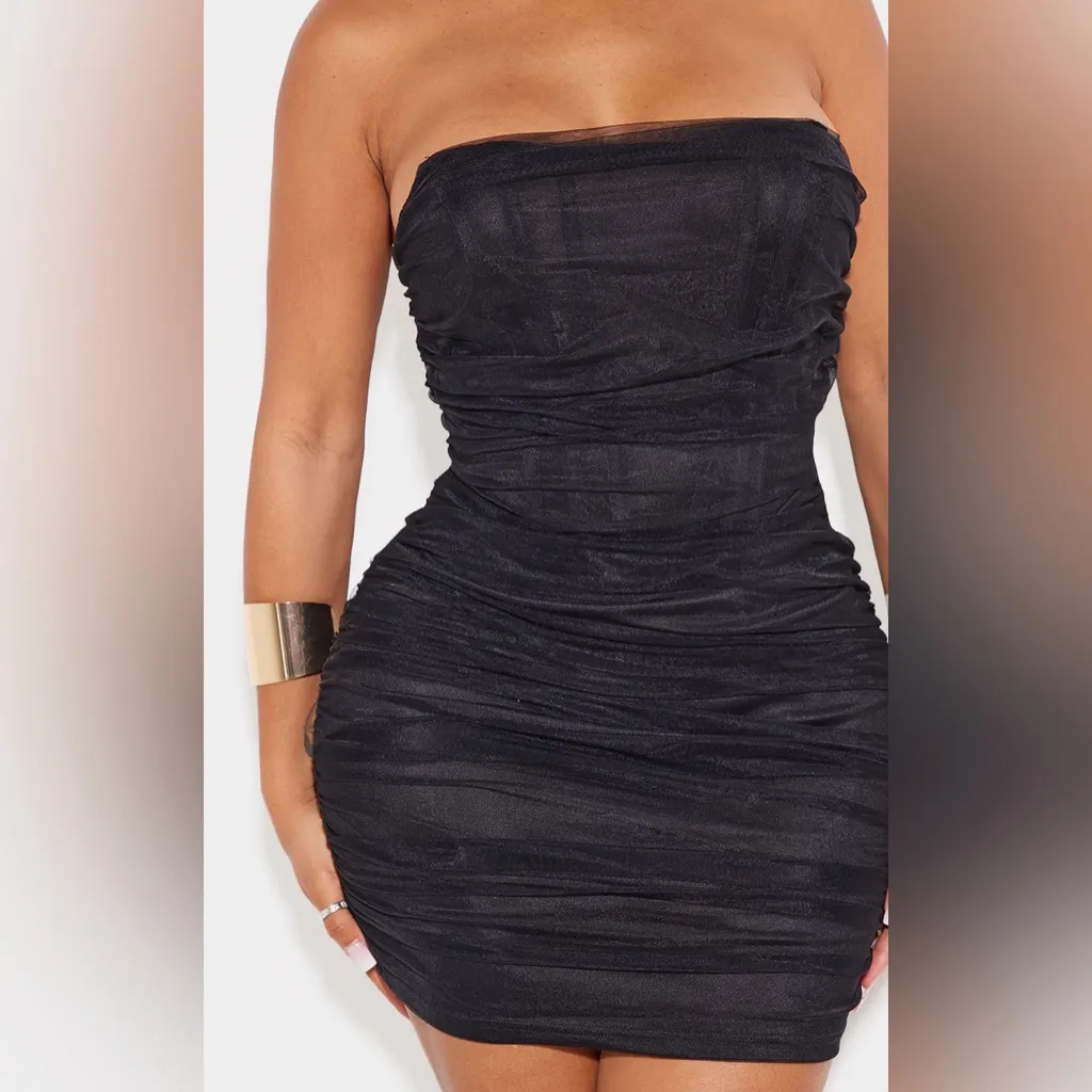 NWT Pretty Little Thing, BLACK MESH CORSET‎ DETAIL RUCHED BODYCON DRESS, 6 - Image 4