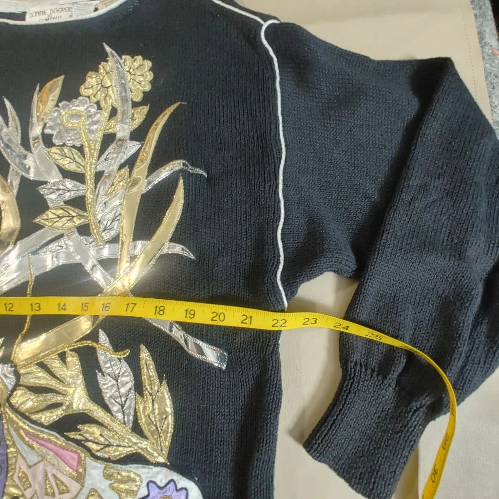 Bonnie Boerer Black Sweater Vintage 1987 Butterfly Appliqué Metallic Embroidery Size M - Image 12