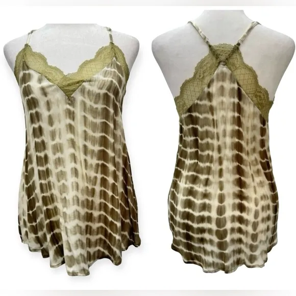 Hem & Thread Olive Green & White Tie Dye Lace Trimmed Racerback Cami NEW - Image 2