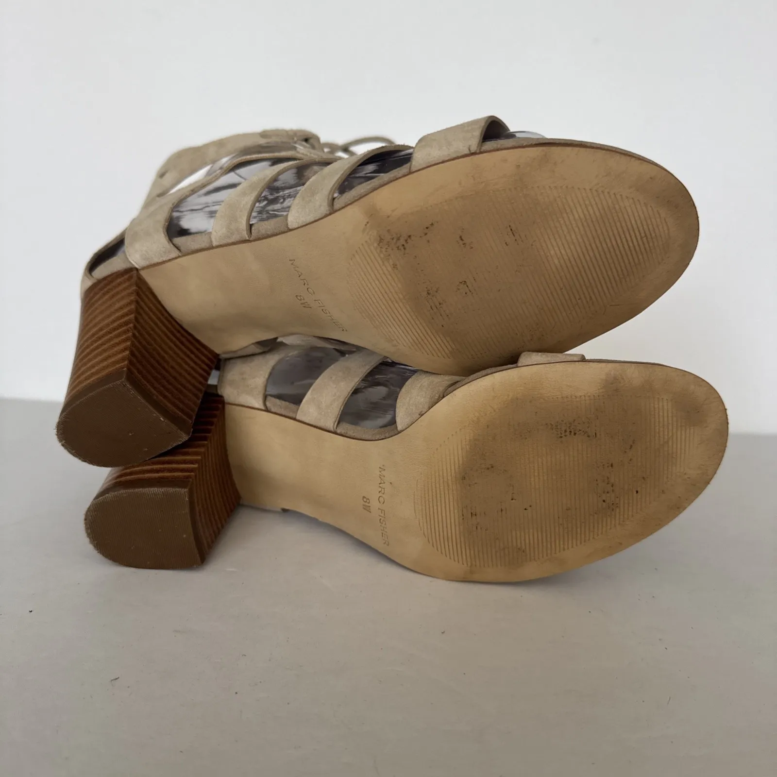 Marc Fisher Gladiator Heels Paradox Taupe Women 8 W Suede Lace Up Gold Zip Party - Image 8