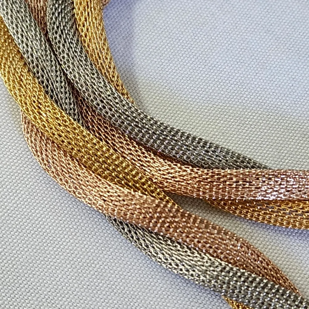 Tri Color Twist Mesh Necklace with Greek Key CZ Pendant and Earrings Set New Gold - Image 3