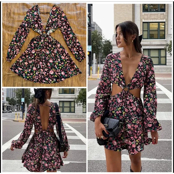 Women's Laura Vanessa The Drop Floral Mini Dress Size XS Cut Out Black Pink - Image 2