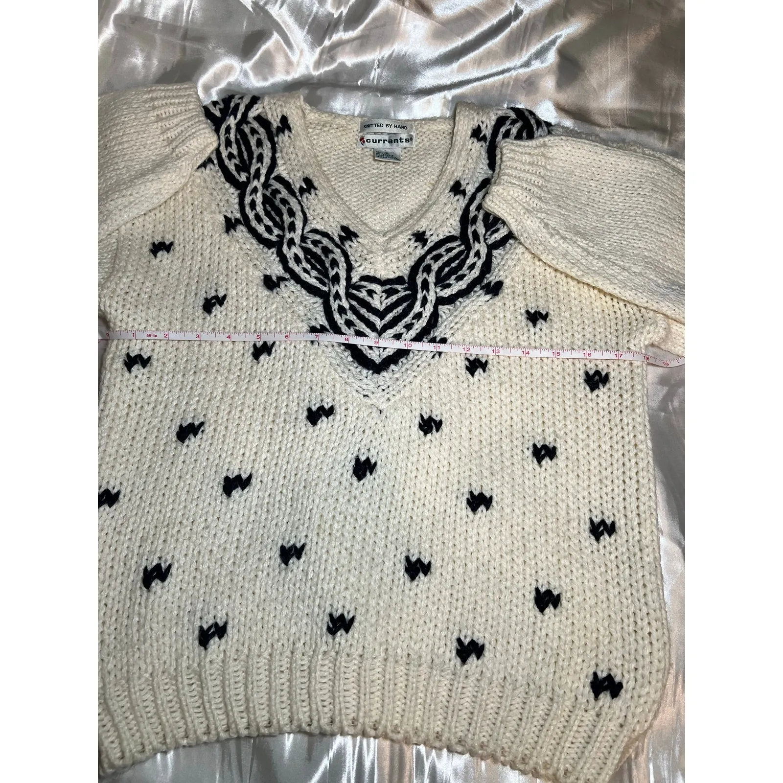 Currants Knitted by hand knit sweater women’s size Small white blue preppy VTG - Image 6