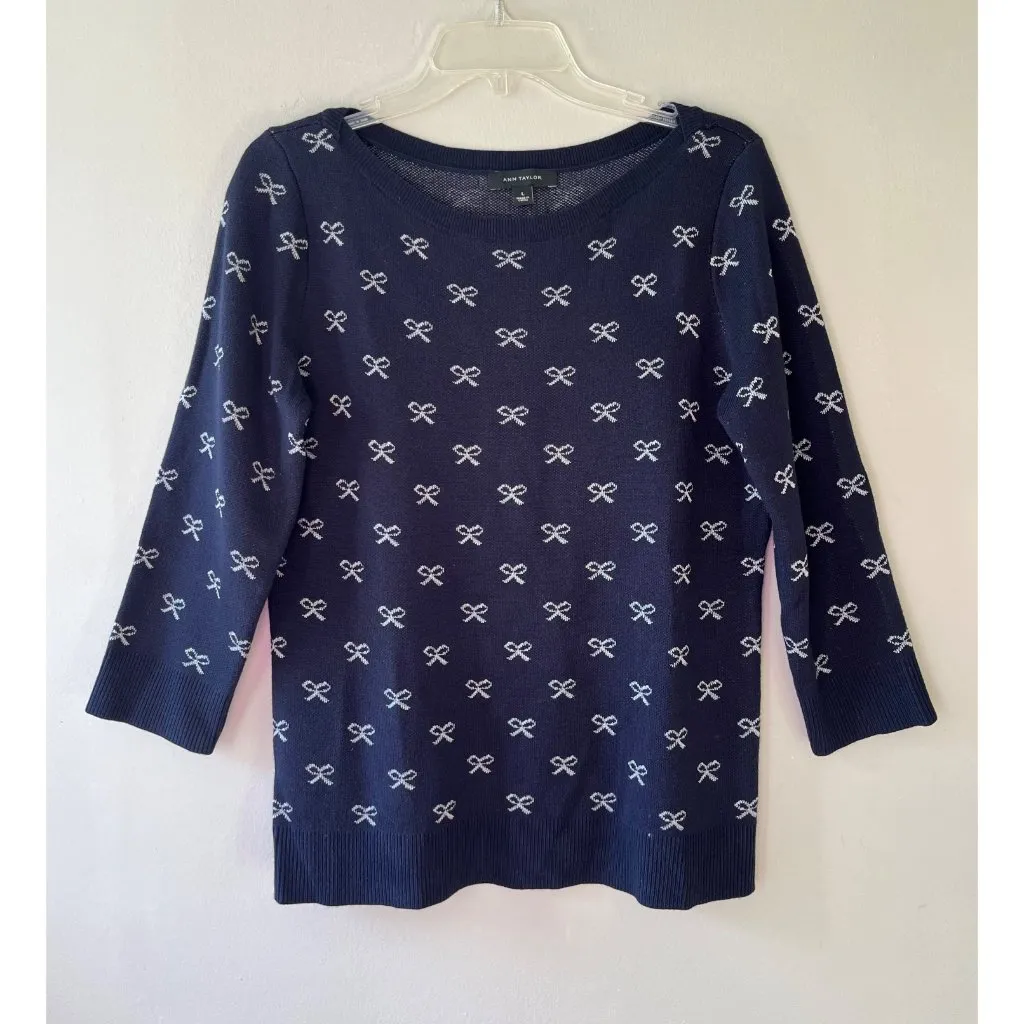 Ann Taylor Sz L Navy Stretch Pullover Wool Blend Bow Print Sweater Classic - Image 2