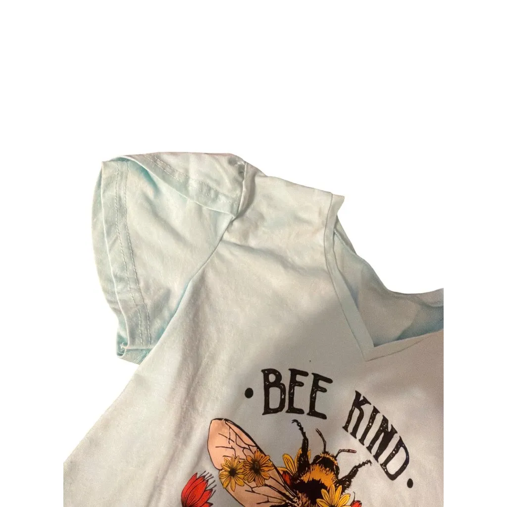 Bee Kind V Neck T Shirt Light Green Blue Floral Flower Graphic Size Small - Image 3