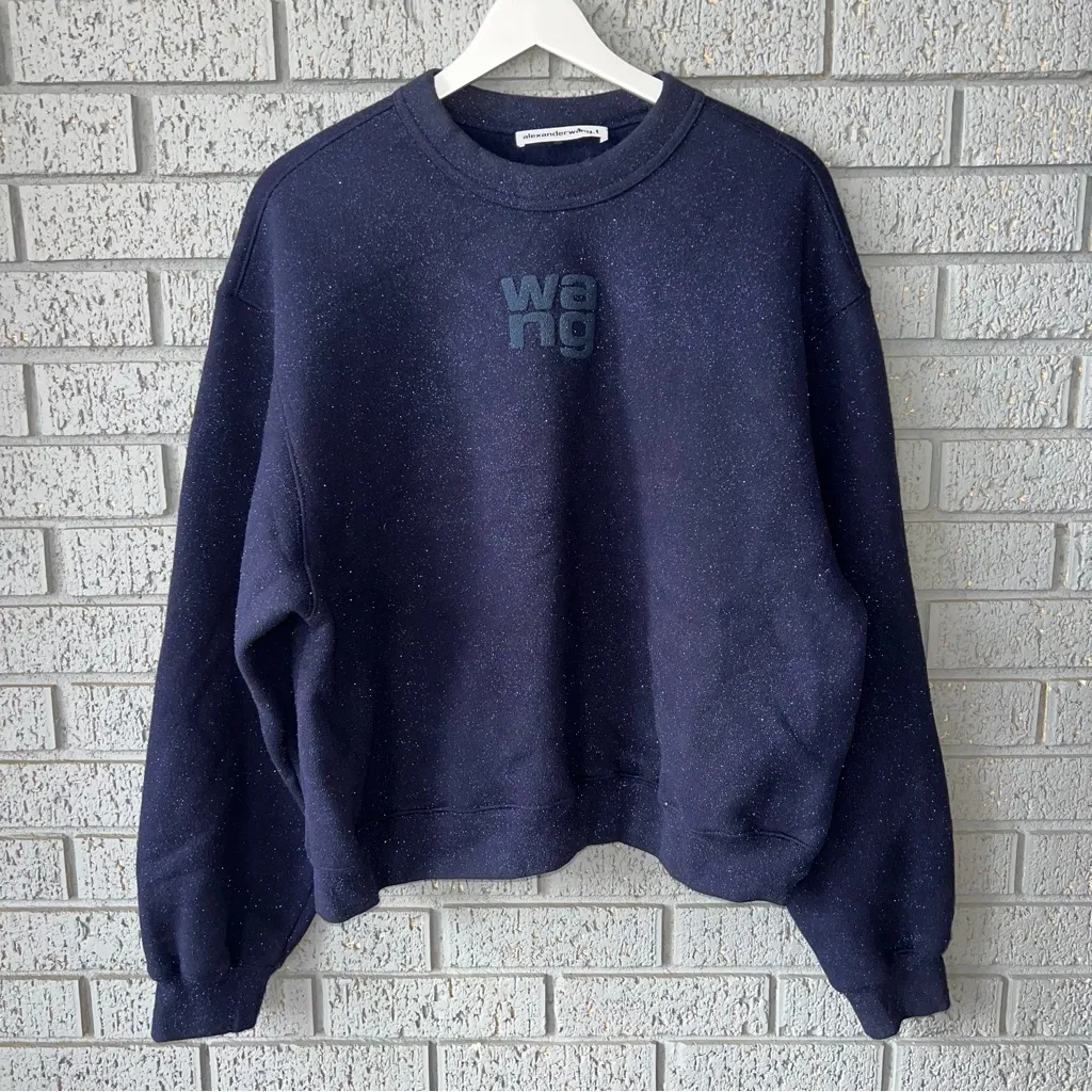 Alexander Wang Essential Crew Sweatshirt Paint Puff Logo in Navy Blue Glitter M - Image 6