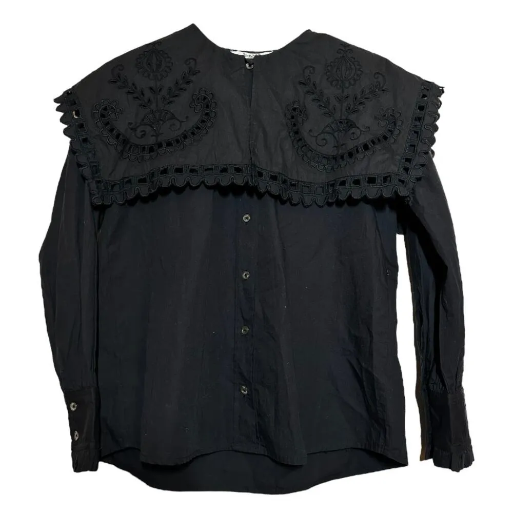 Sea NY Marina Collar Blouse Tiered Scalloped Button Up Long Sleeve Black XS - Image 2