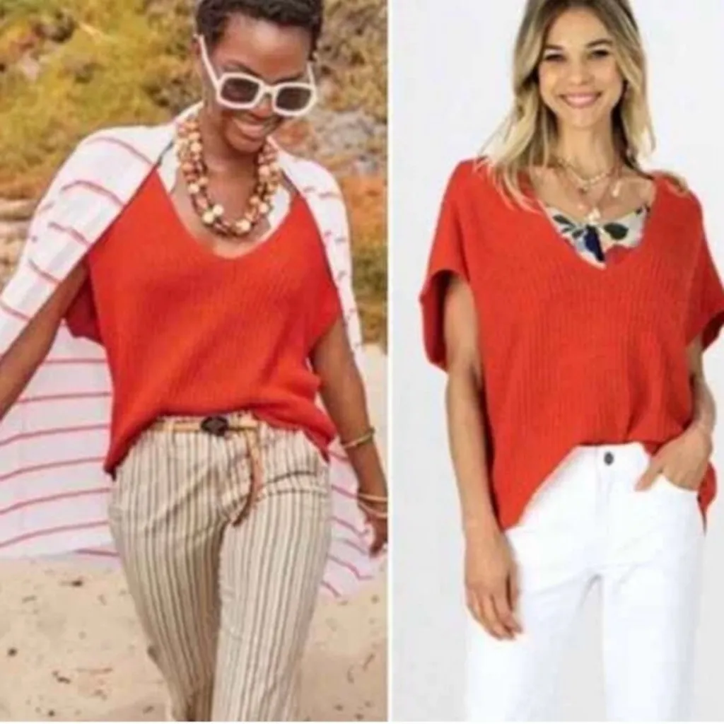 CAbi Oversized Knit Ruby Pullover Short Sleeve Sweater | Red / Orange | S - Image 3