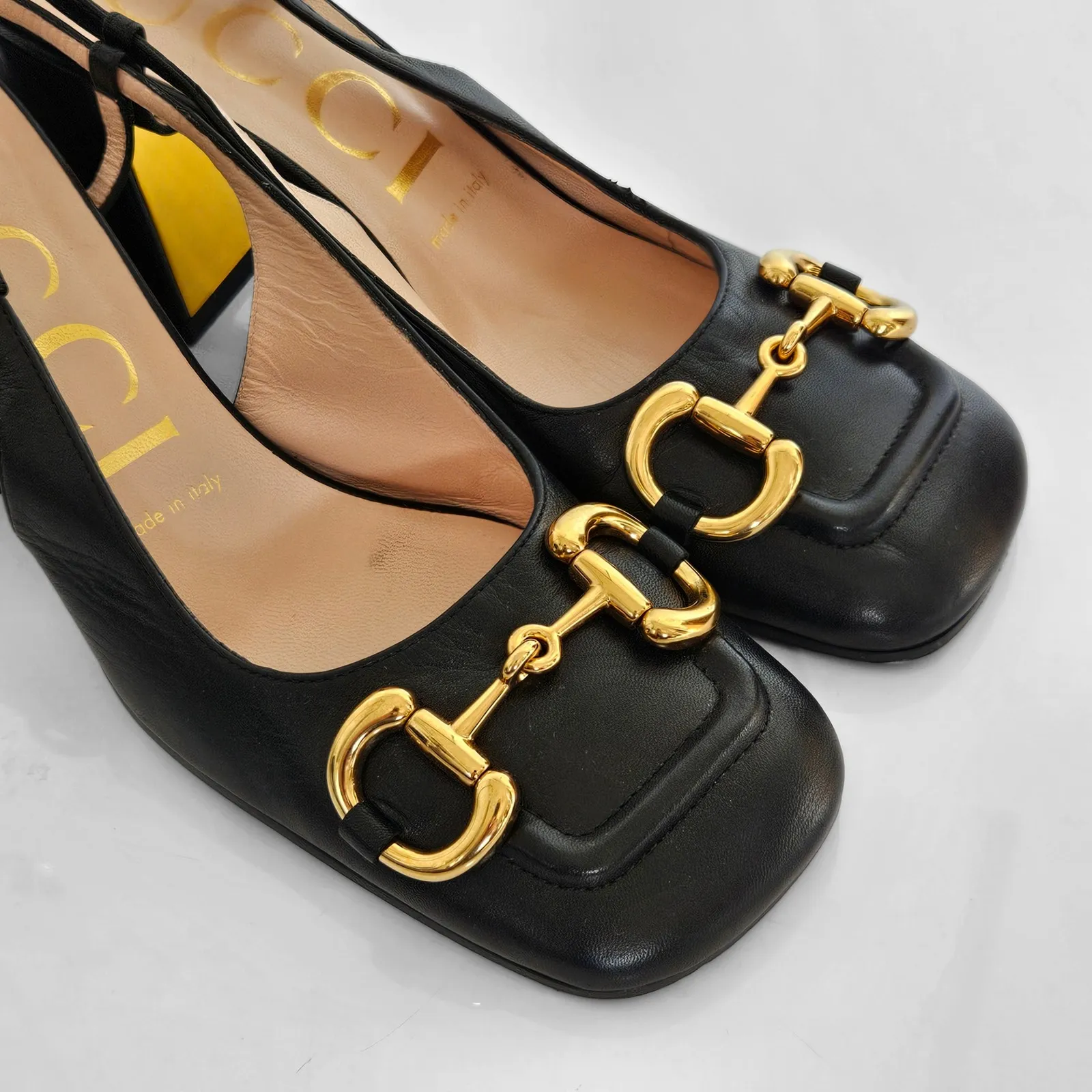 Gucci Horsebit Leather Slingback Pumps Black Gold Block Heel Size 37 / 7 - Image 7