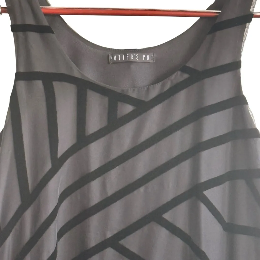 POTTERS POT Black Geometric Velvet Sheer Dress L Gothcore Retro Glam Minimalist - Image 5