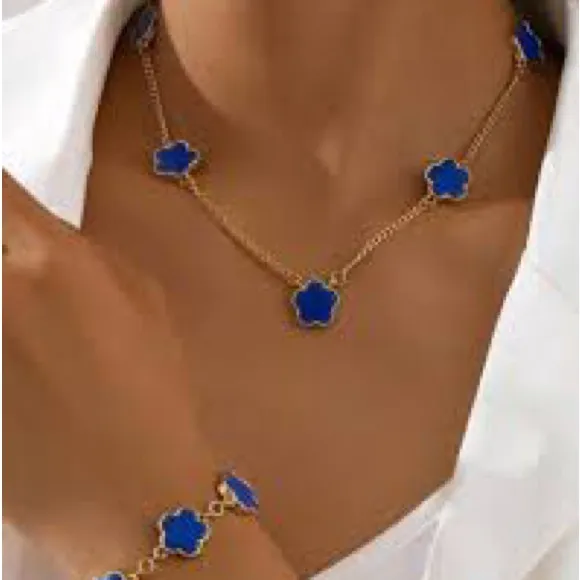18K Gold Plated blue clover necklace Jewelry Set womens - Image 2