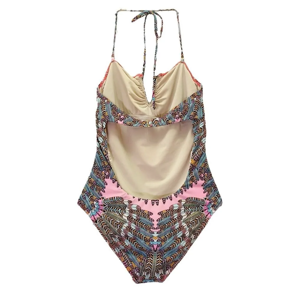 Mara Hoffman Swim One Piece Swimsuit Size Small Pink Feather Print Cutout Back - Image 4