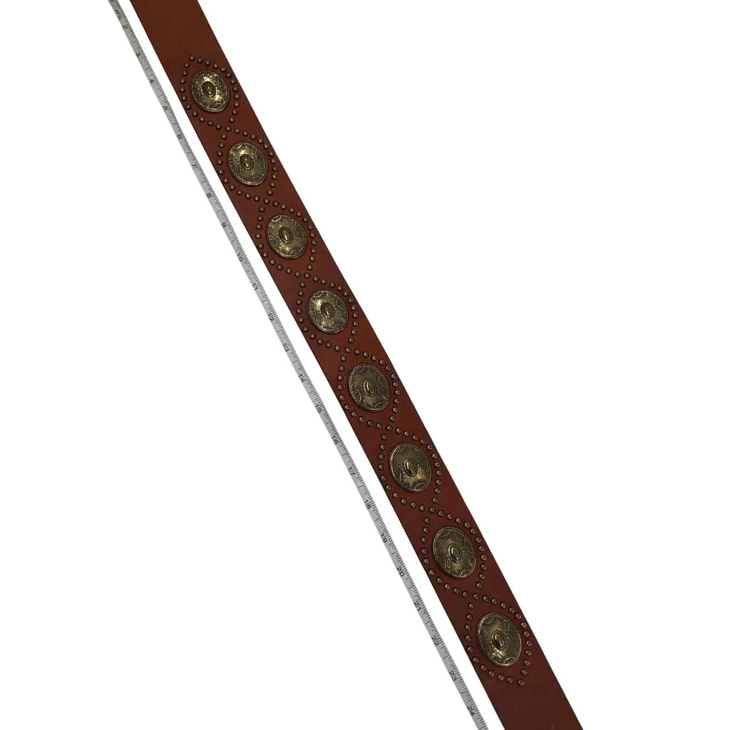 Brown Leather Belt Bronze Conchos & Brass Double Ring Buckle small s Long Adjust - Image 5