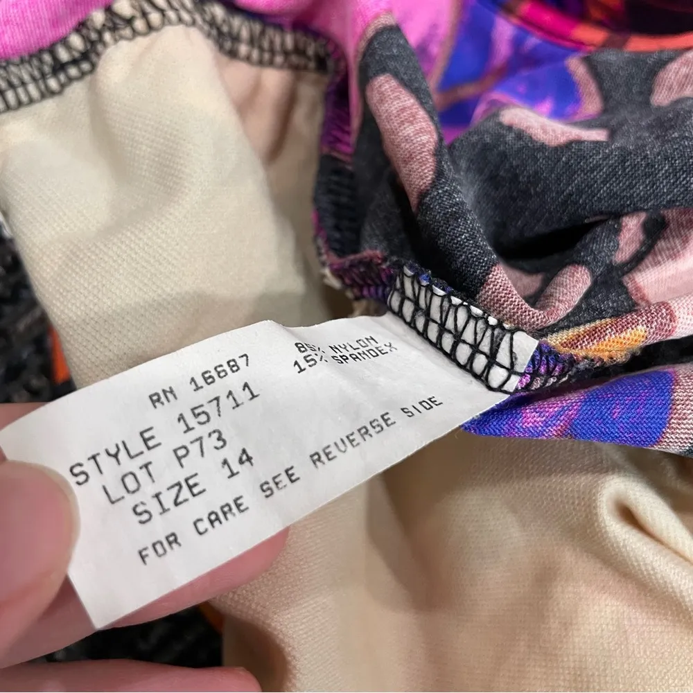 Vtg Abstract Print One Piece Swim Sz 14 Hawaiian Floral Dot Print Black - Image 11