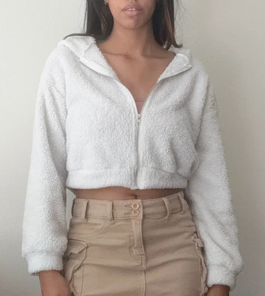 White Fuzzy Cropped‎ Hoodie Full Zip Up Sweatshirt Jacket - Image 1