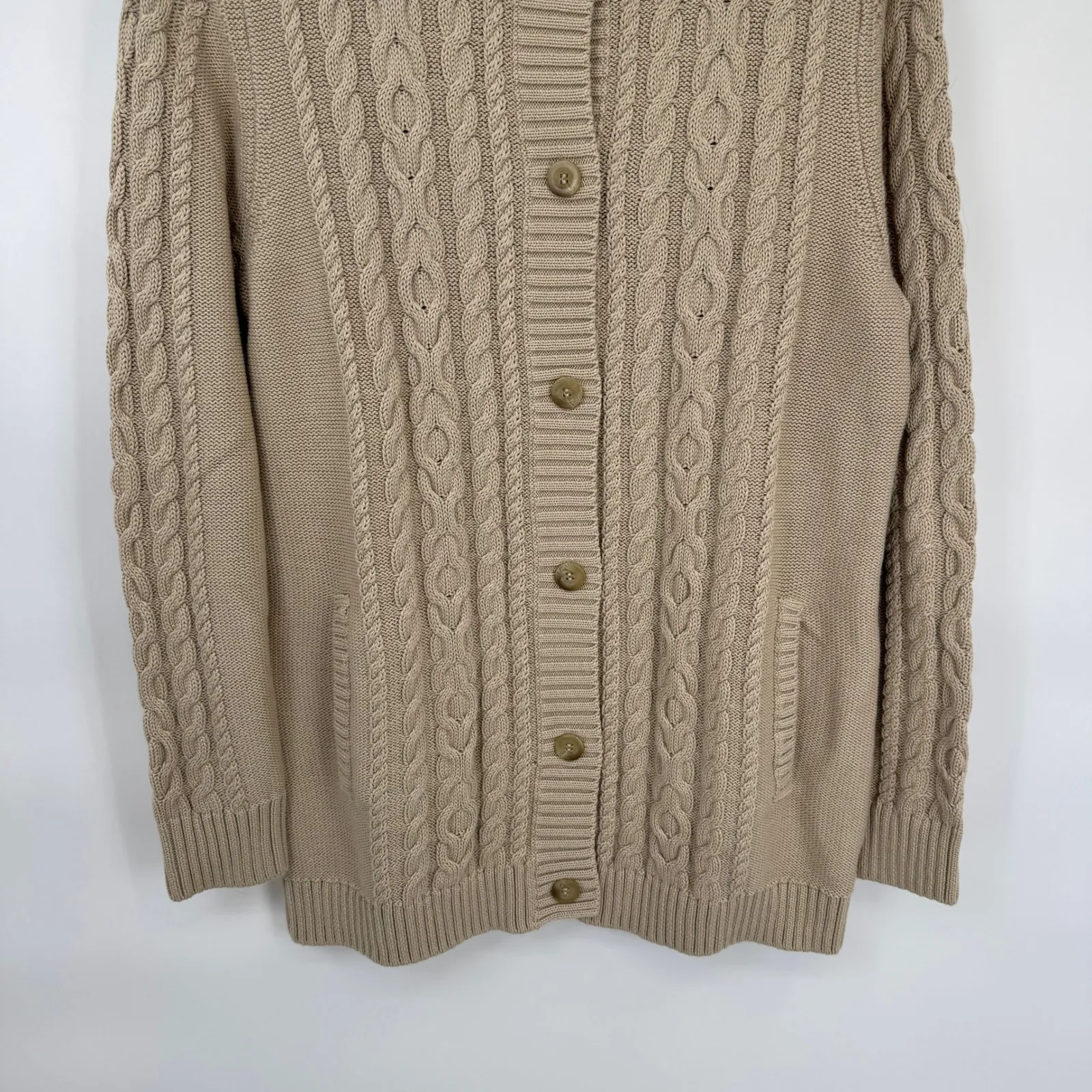 LL Bean Button Front Cable Knit Cardigan Sweater Women L Tan Cotton Shawl Collar Size L - Image 4