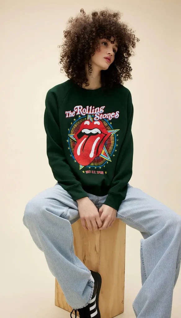 NWT Daydreamer Rolling Stones 1981 US Tour Raglan Hunter Green Crew Sweatshirt - Image 1