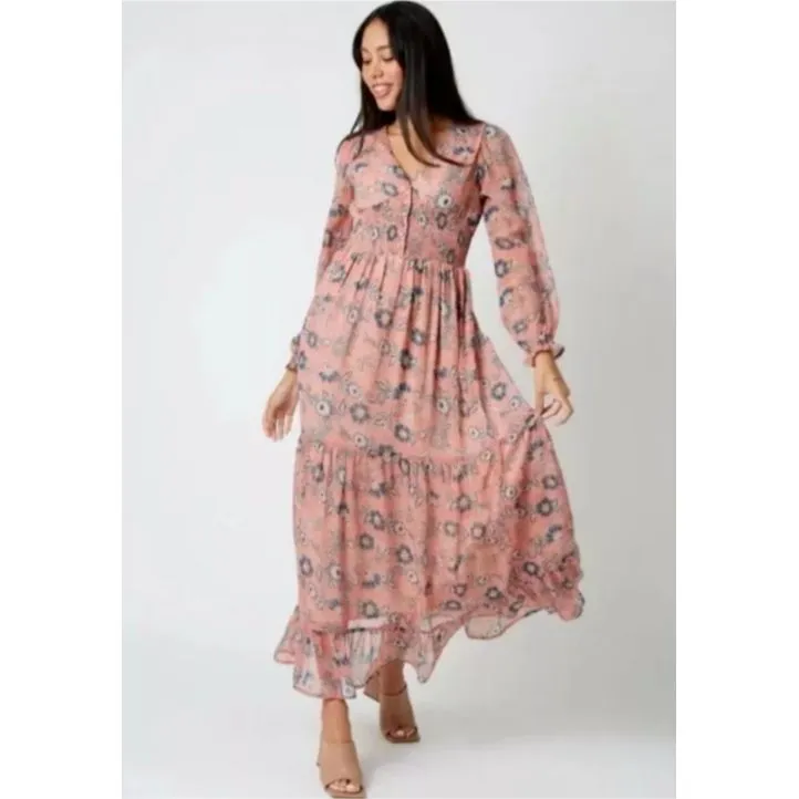 Patrons of Peace Maxi Dress M Floral Pink Boho Smocked Cottagecore Puff Sleeve - Image 2