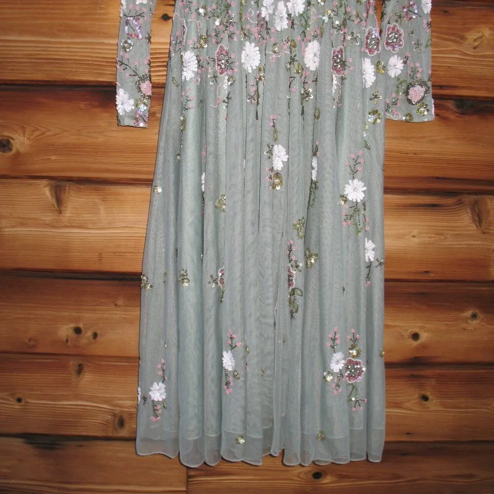 MAC DUGGAL 5716 Green Sequined Floral Long Sleeve High Neck Midi Dress - Image 10