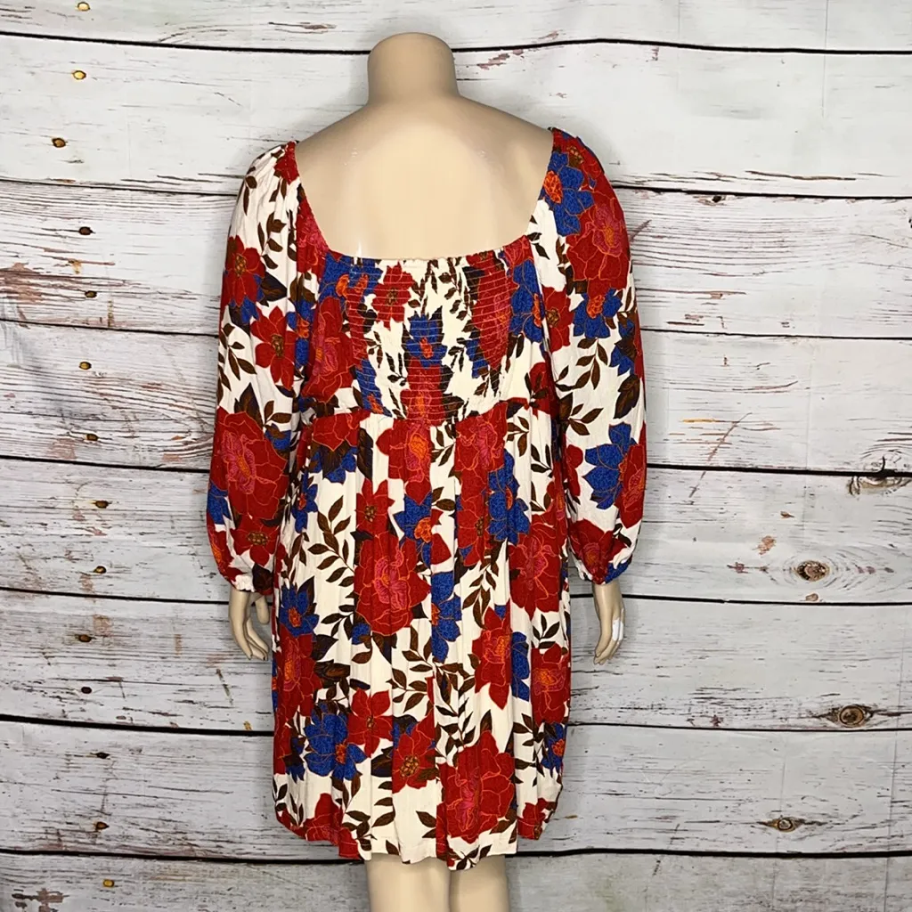 Maurices NWT Size 2X Cream - Red & Blue Boho Floral Print Sweetheart Neck Dress - Image 4