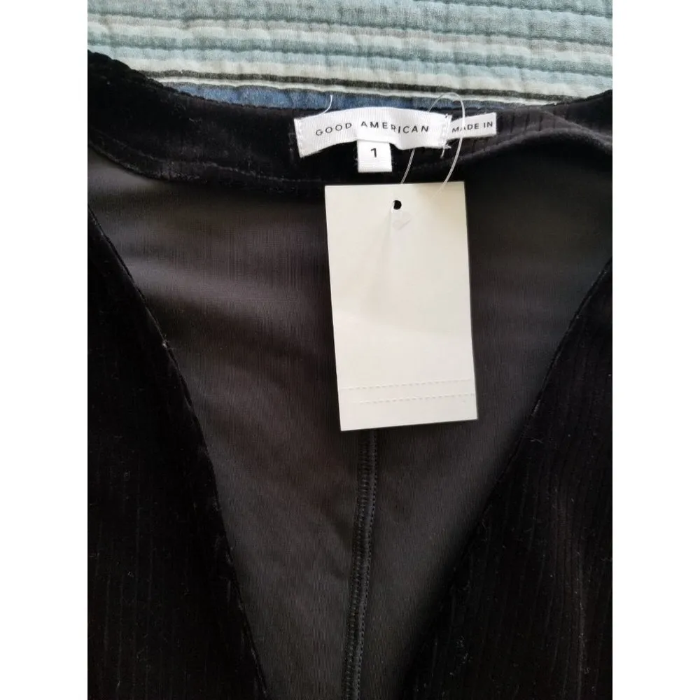 Good American Rib Velvet Wrap Top Plunging Deep V-Neck Long Sleeve Belted 1/S - Image 7