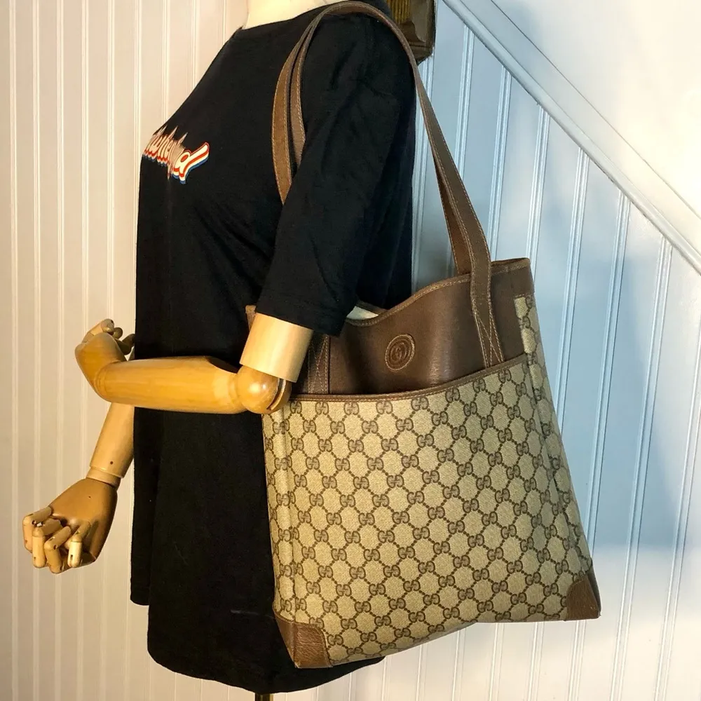 GG Tote Shoulder Bag Leather Handles Coated Canvas KNIGHT ZIPPER PULL VTG - Image 2