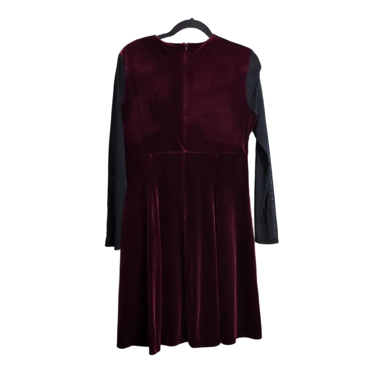 Karen Millen Burgundy Black Velvet Sheer Sleeve V-Neck Elegant Cocktail Dress 12 - Image 3