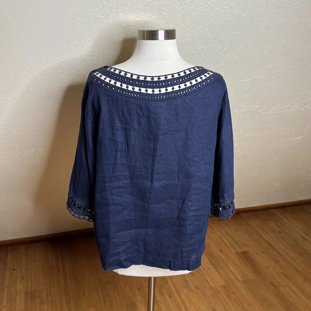 3/$30 J Jill Love Linen Top Small Petite Navy Blue 3/4 Sleeve Crochet Lace Boxy Size undefined - Image 5
