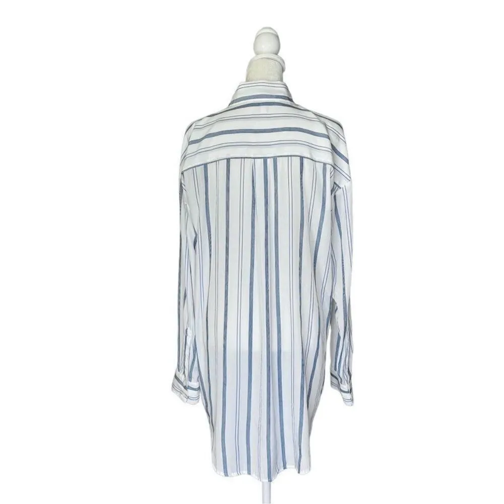 Elizabeth And James Blue Stripe Tie Neck Tunic Button Down Blouse Size Large - Image 4