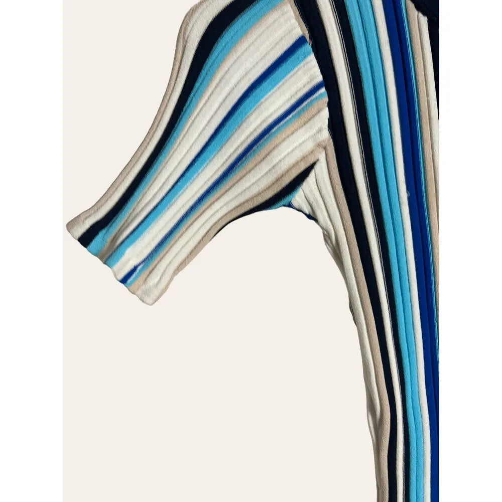 Milly Blue Stripe Ribbed Stretch Knit Fringe Short Sleeve Midi Dress Size Petite - Image 6