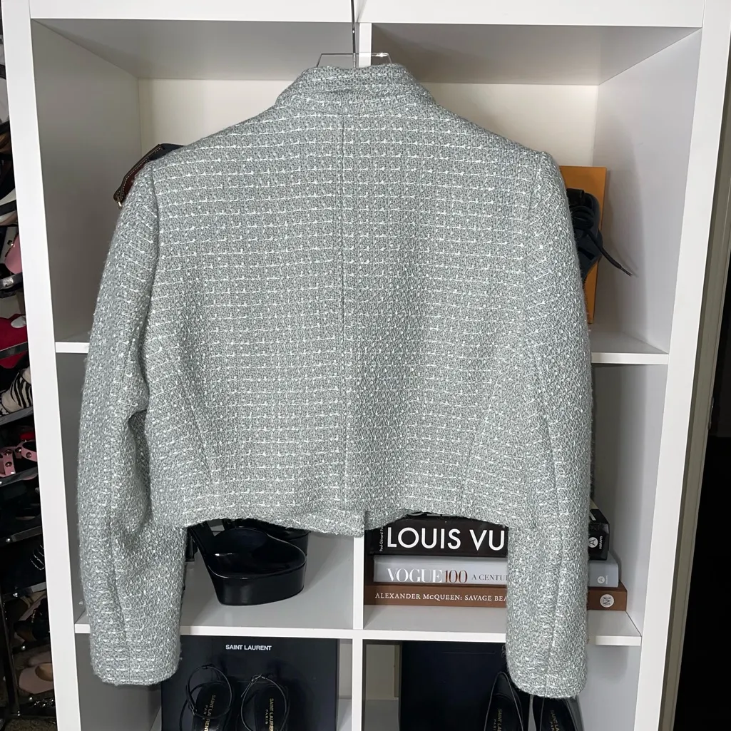 Express Tweed Metallic Cropped Button Front Blazer in Olive Silver Details - Image 11