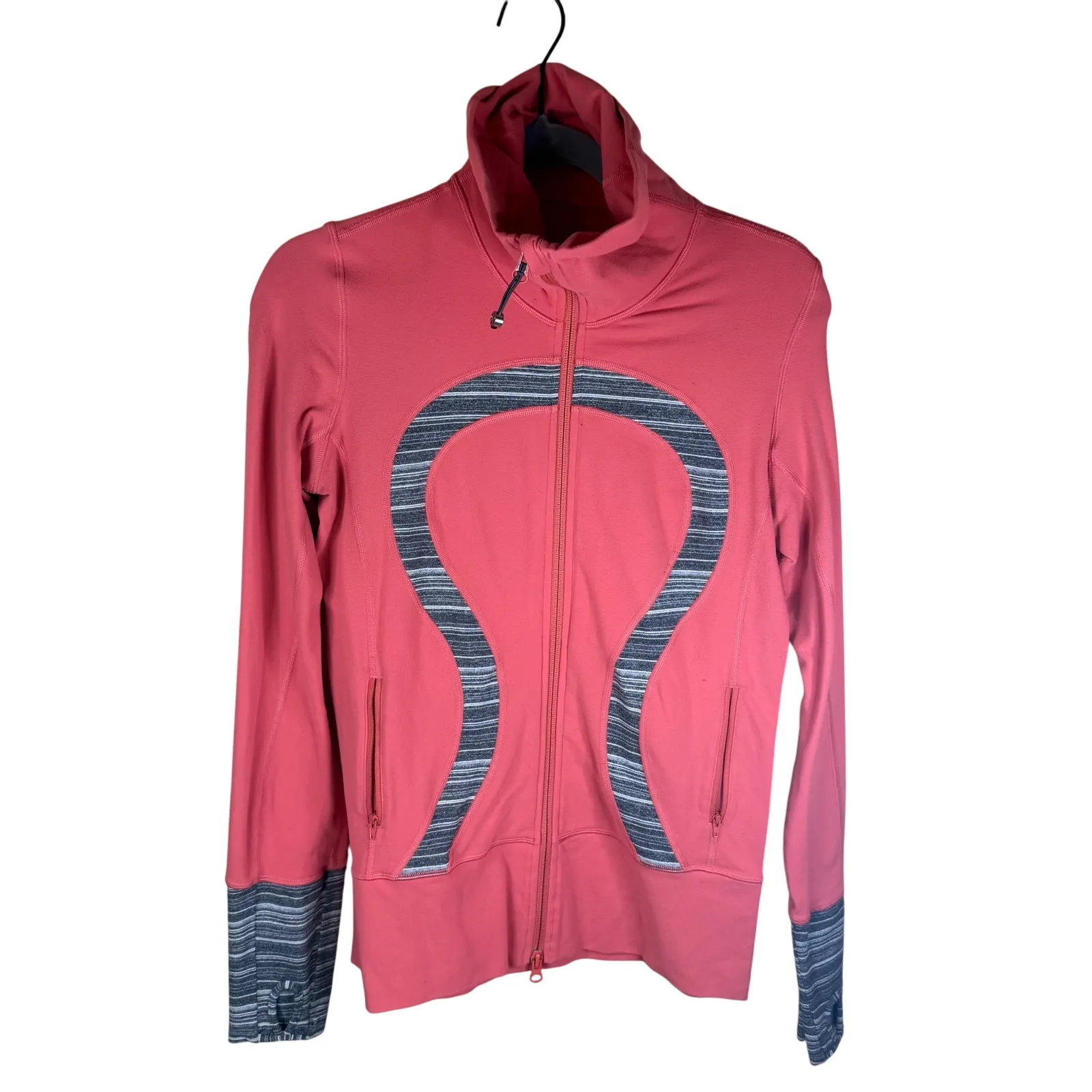 Lululemon In Stride Jacket Size 8 Coral Coal Strata Stripe Thumbholes Activewear - Image 2