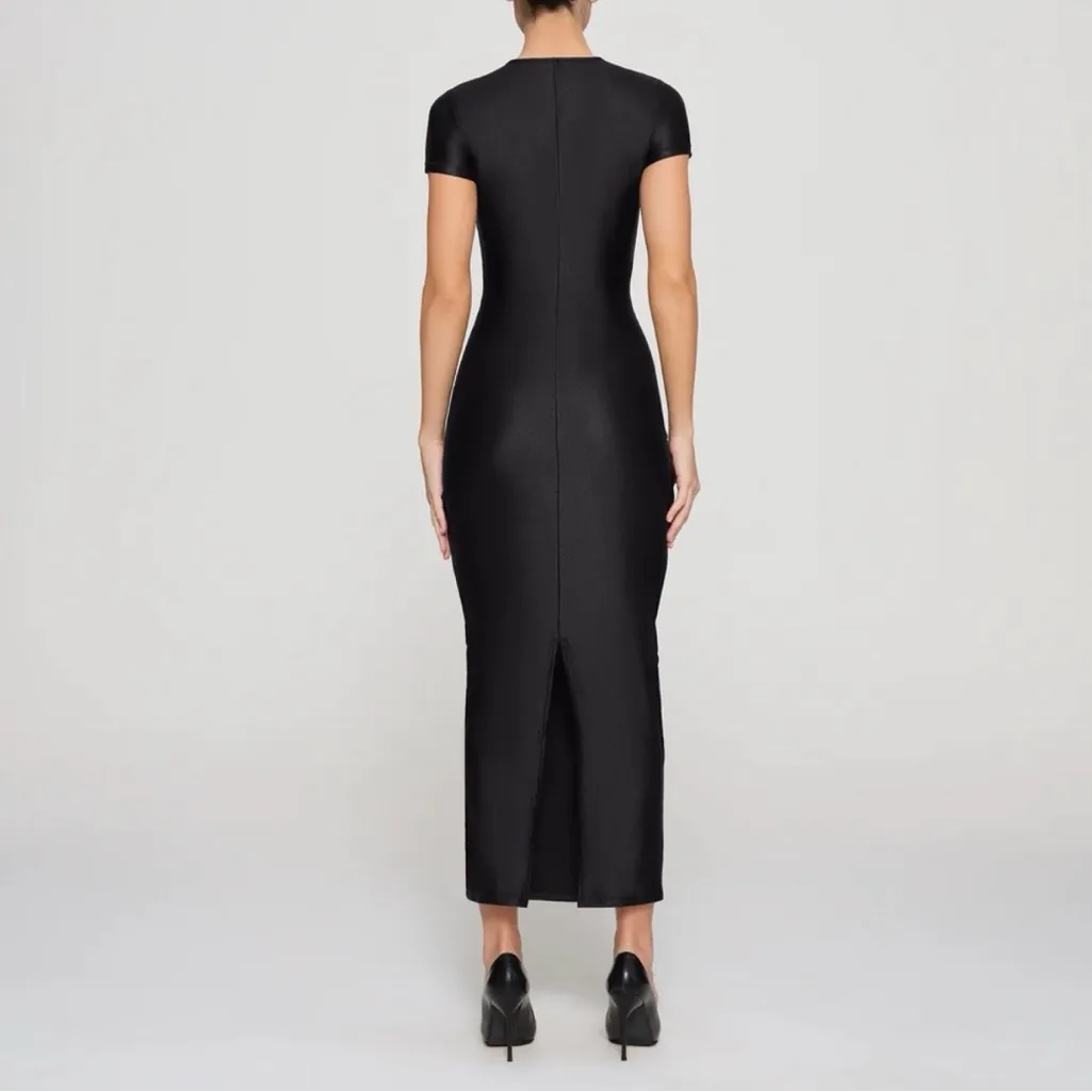 Skims Shine Jersey Long Dress XL Black Bodycon Midi Short Sleeve Minimal Chic - Image 2
