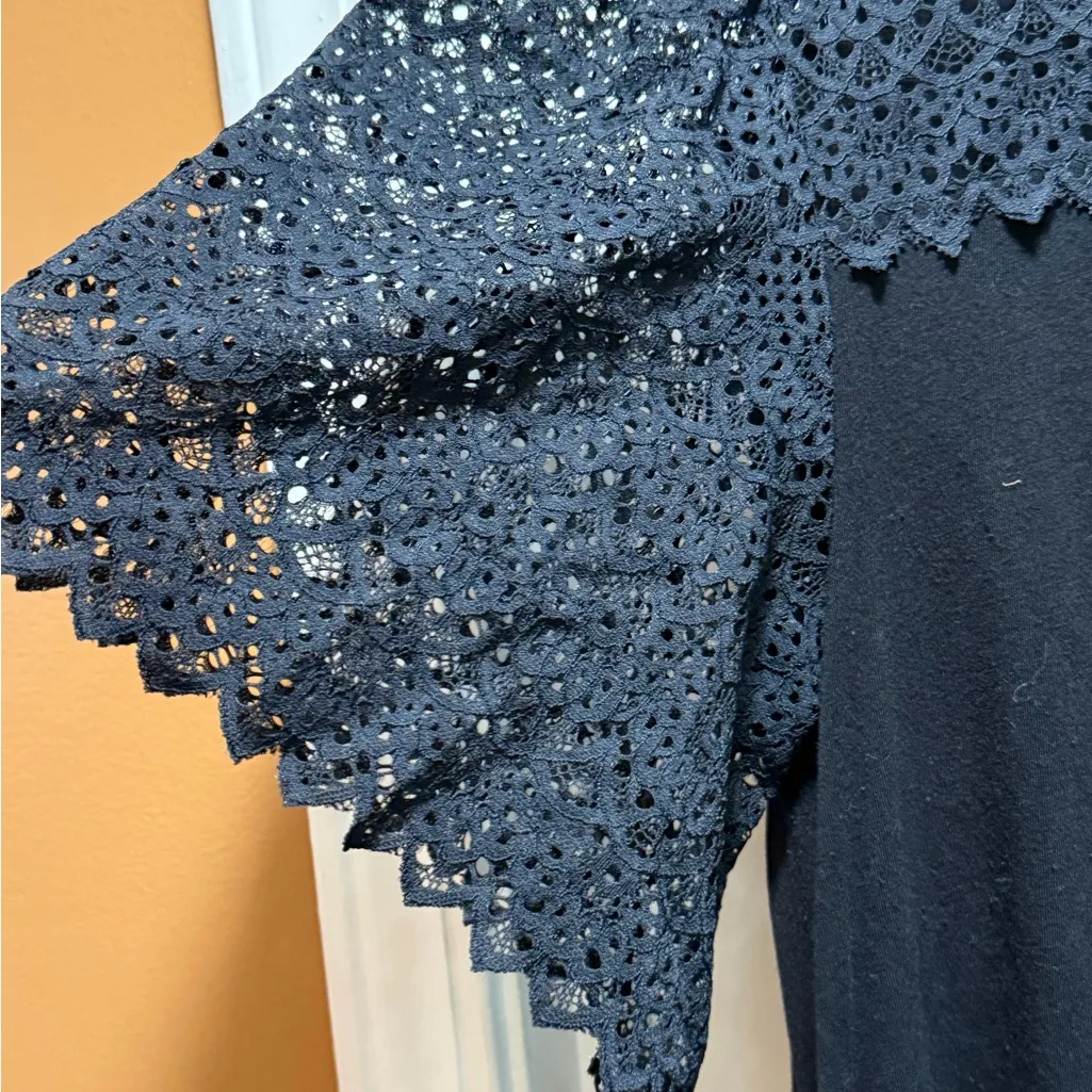 Loft Black Lace Sleeve Top Keyhole Back Button Up Soft Fabric size large - Image 6