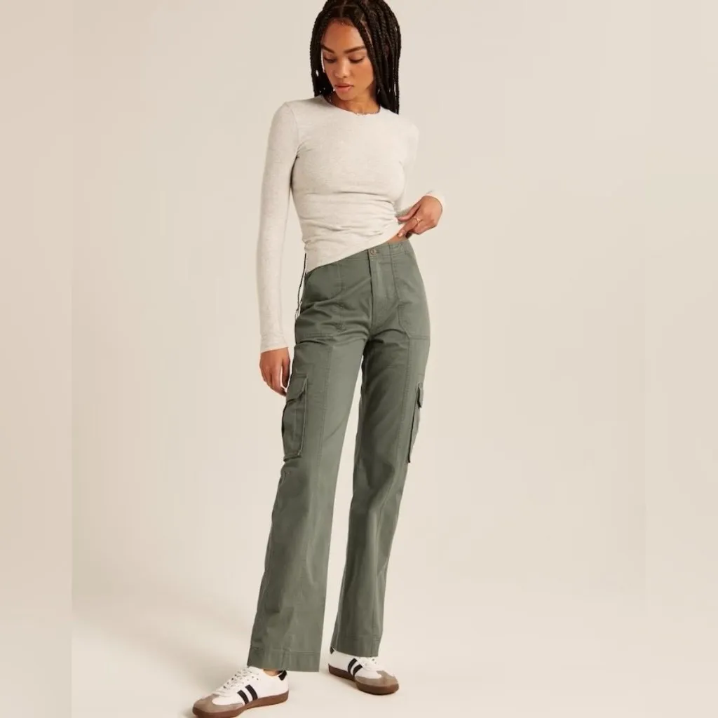 Abercrombie Relaxed Cargo Pants Wide Leg Baggy Grunge High Rise Olive Green 25 - Image 11