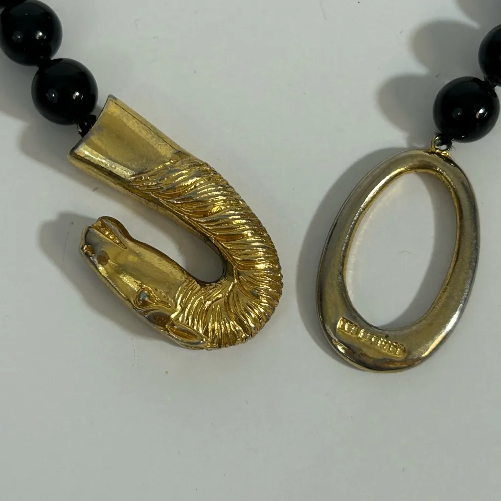 Les Bernard Vintage Black Glass Bead Horse Clasp Necklace Gold - Image 2